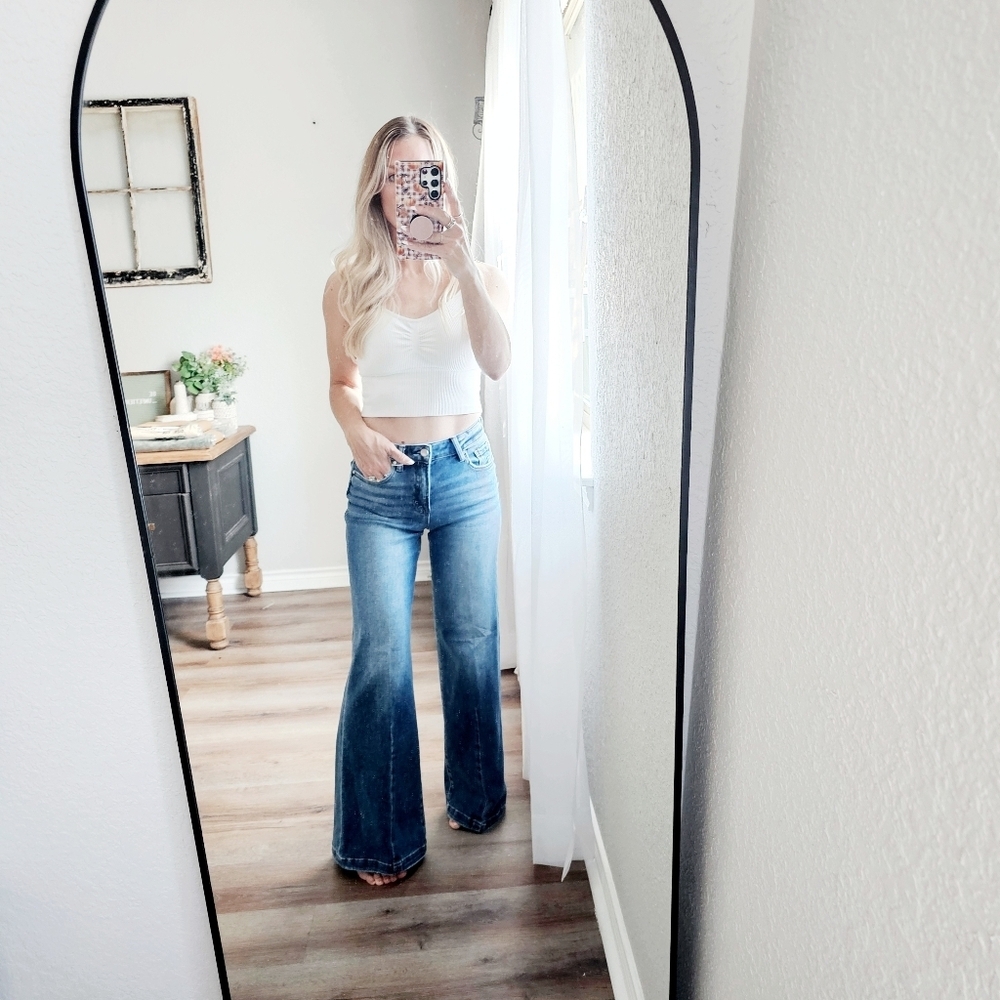 Risen Mid Rise Medium Wash Wide Leg Flared Denim Jeans Hybrid Various NEW - Picture 14 of 14